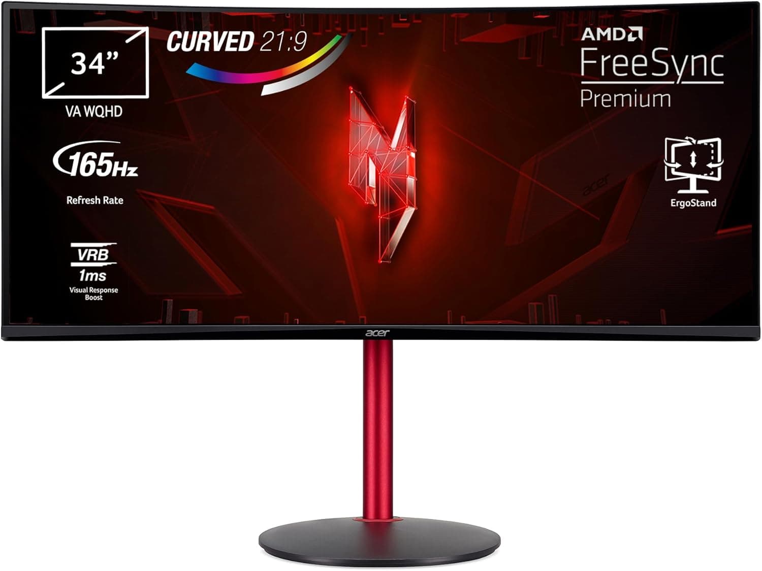 Acer Nitro XZ2 XZ342CU P Monitor de jogos curvo de 34" UltraWide QHD de 165 Hz (86,4 cm, 3440x1440, 21:9, 400 Nits, 1 ms VRB, AMD FreeSync Premium, HDMI 2.0/Dom. P 1.4) Monitor PC Gaming, preto