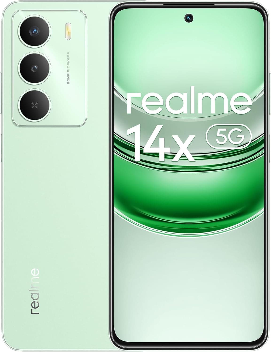 realme 14 x 5G Smartphone 6 128 GB, ecrã Olho Comfort 120 Hz, câmara nítida de 50 MP, bateria de longa duração 5000 mAh, resistência a choques de nível militar, Octa-Core, verde (sem adaptador)