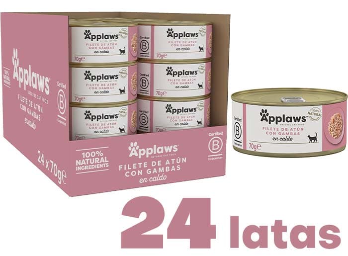 Applaws 100% comida húmida natural para gatos adultos - bife de atum e camarão em caldo - embalagem de 24 latas de 70 g