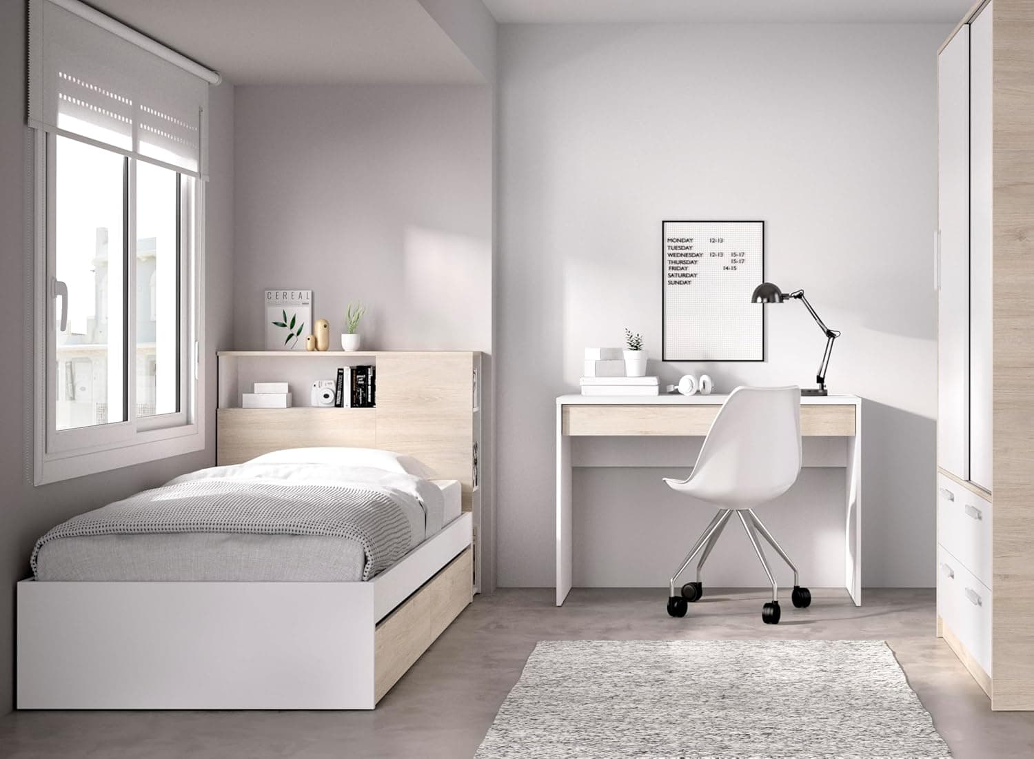 DEKIT GRUPO RIMOBEL TEN PACK - Conjunto de cama com armazenamento na cabeça e duas gavetas, mesa de escritório e armário de duas portas de correr e quatro gavetas - branco/natural
