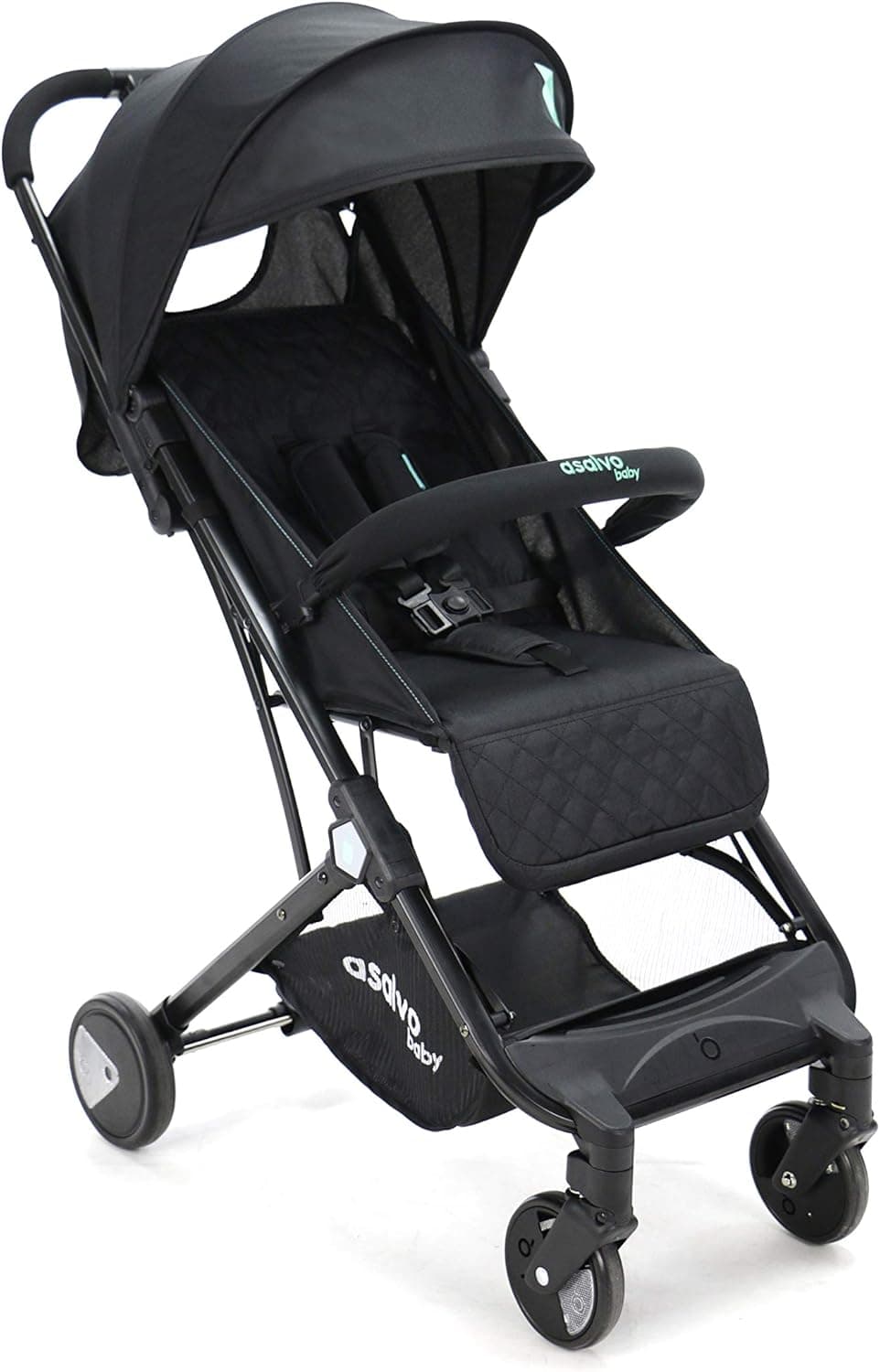 Cadeira de passeio viagem ultraleve tipo cabine de avião, encosto plissado multifunções, arnês de 5 pontos, guiador ajustável, uso até 17 kg, Black Aqua Asalvo