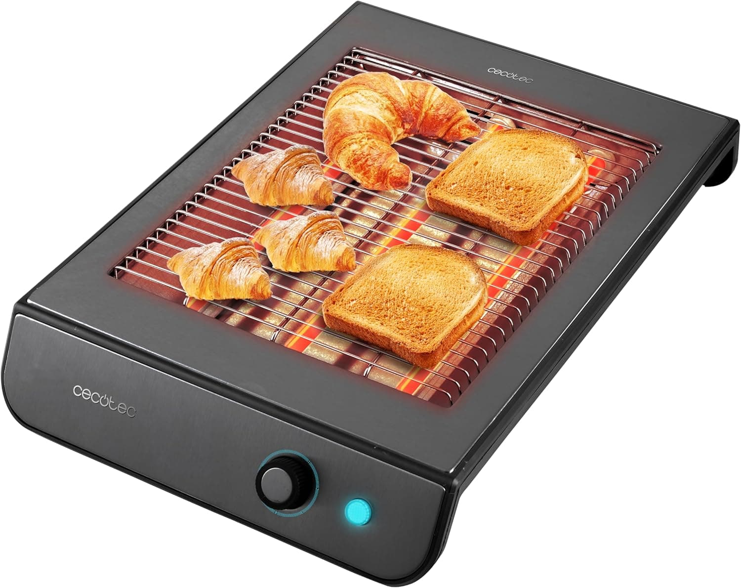 Cecotec Torradeira plana horizontal Turbo EasyToast InoxDark. Para todos os tipos de pão e bolaria, 900 W, 3 resistências, 6 níveis de potência, bandeja de recolha, acabamentos em aço inoxidável