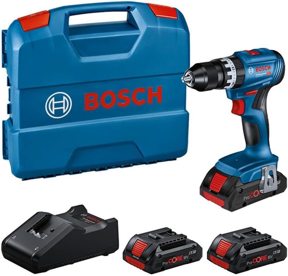 Bosch Professional 18 V System berbequim de percussão a bateria GSB 18 V-45 (velocidade de rotação de 1900 rpm, incl. 3 baterias ProCORE de 4,0 Ah, carregador GAL 18 V-40, em L-Case), preto