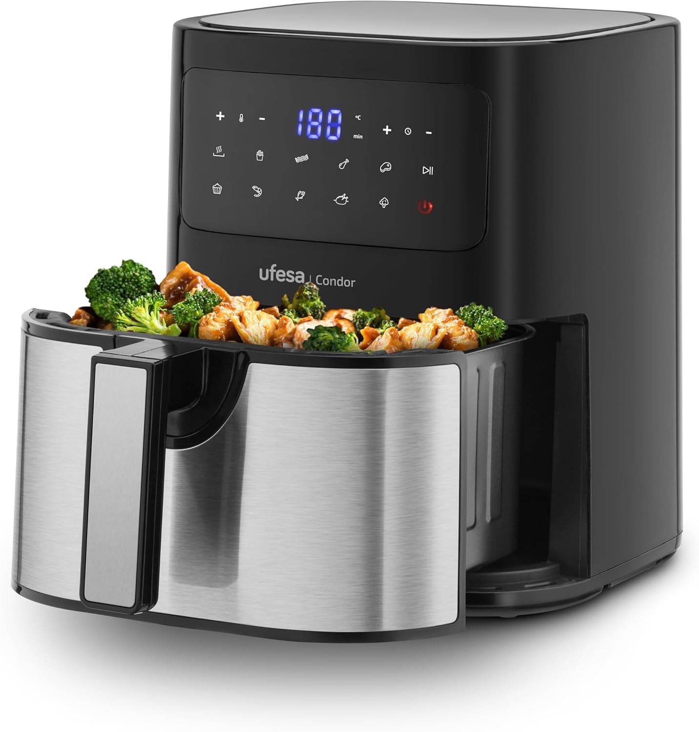 Ufesa Condor Fritadeira de ar sem óleo de 4,5 l, inoxidável, 10 programas, 1600 W, digital, temporizador, temperatura 80 ºC, sem BPA nem PFOA, balde e bandeja antiaderentes