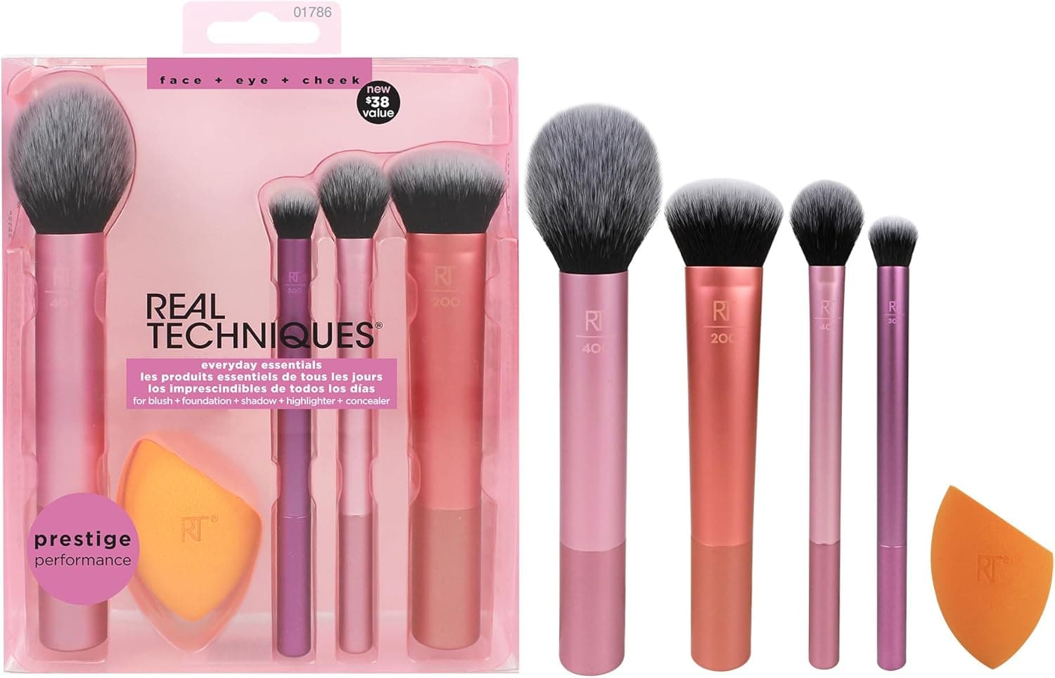 Real Techniques Kit de esponjas de maquilhagem Everyday Essentials, pincéis de maquilhagem e esponja misturadora de maquilhagem, para base, blush, bronzeador, conjunto de 5 peças