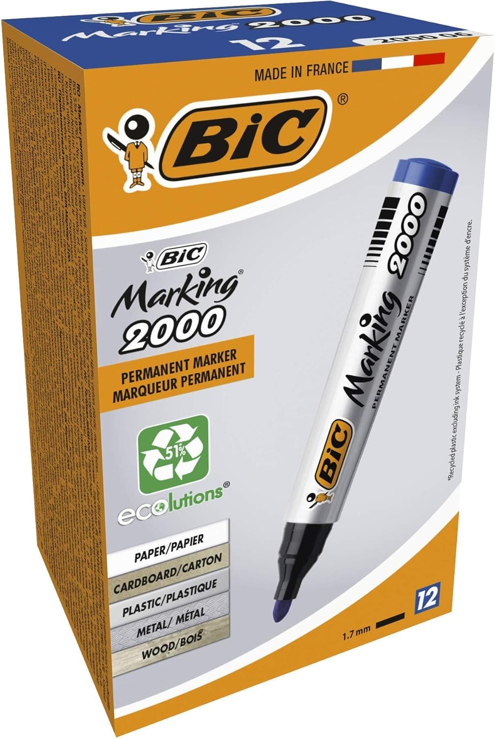BIC Marking 2000 ecolutions Marcadores permanentes de ponta cónica média, caixa de 12 unidades, cor azul