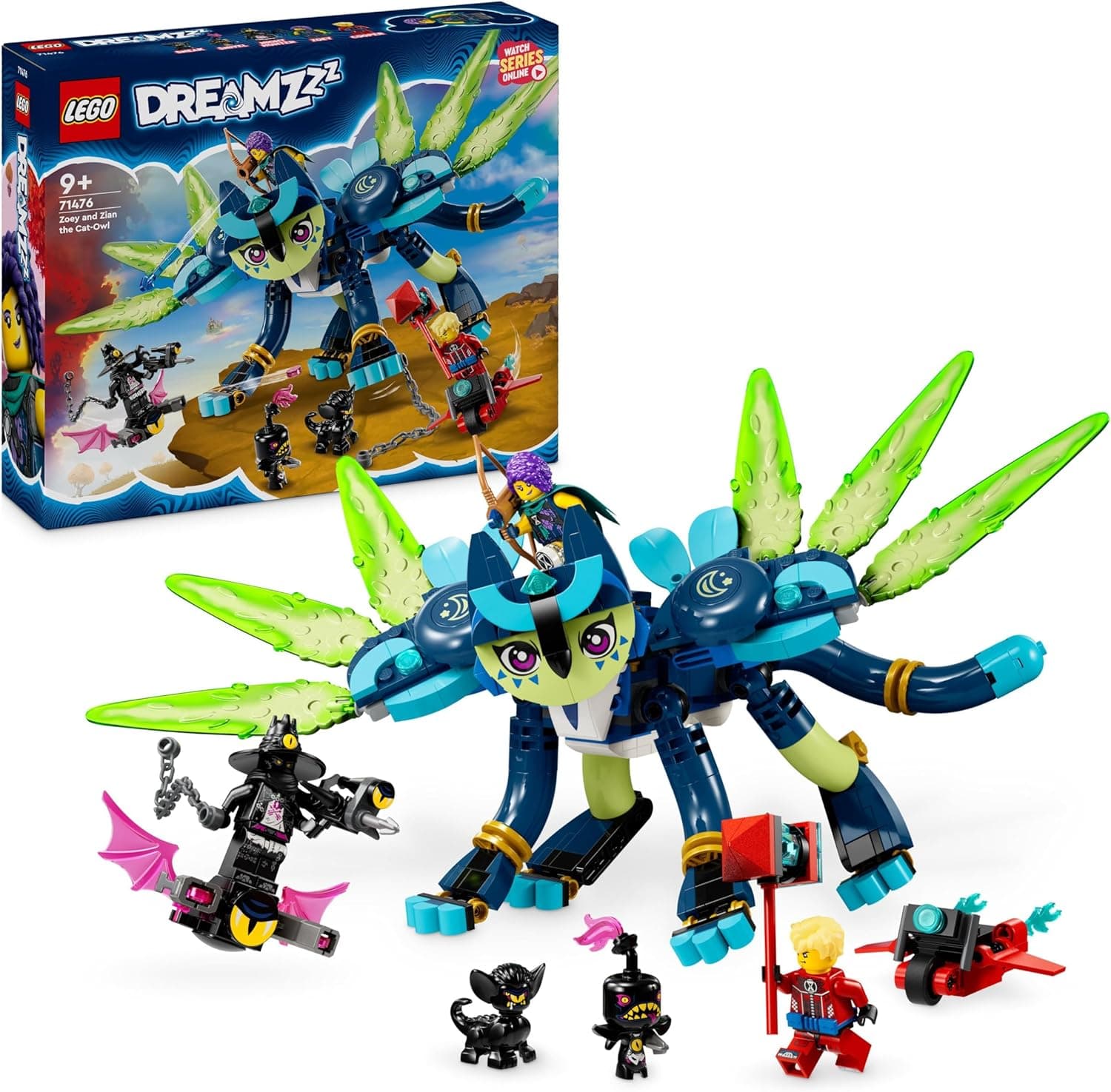 LEGO DREAMZzz 2 em 1 Zoey e Zian, a coruja de gato, conjunto de construção de animais e brinquedo de motocicleta com minifiguras de Cooper e caçador noturno, presente para meninos e meninas de 9 anos