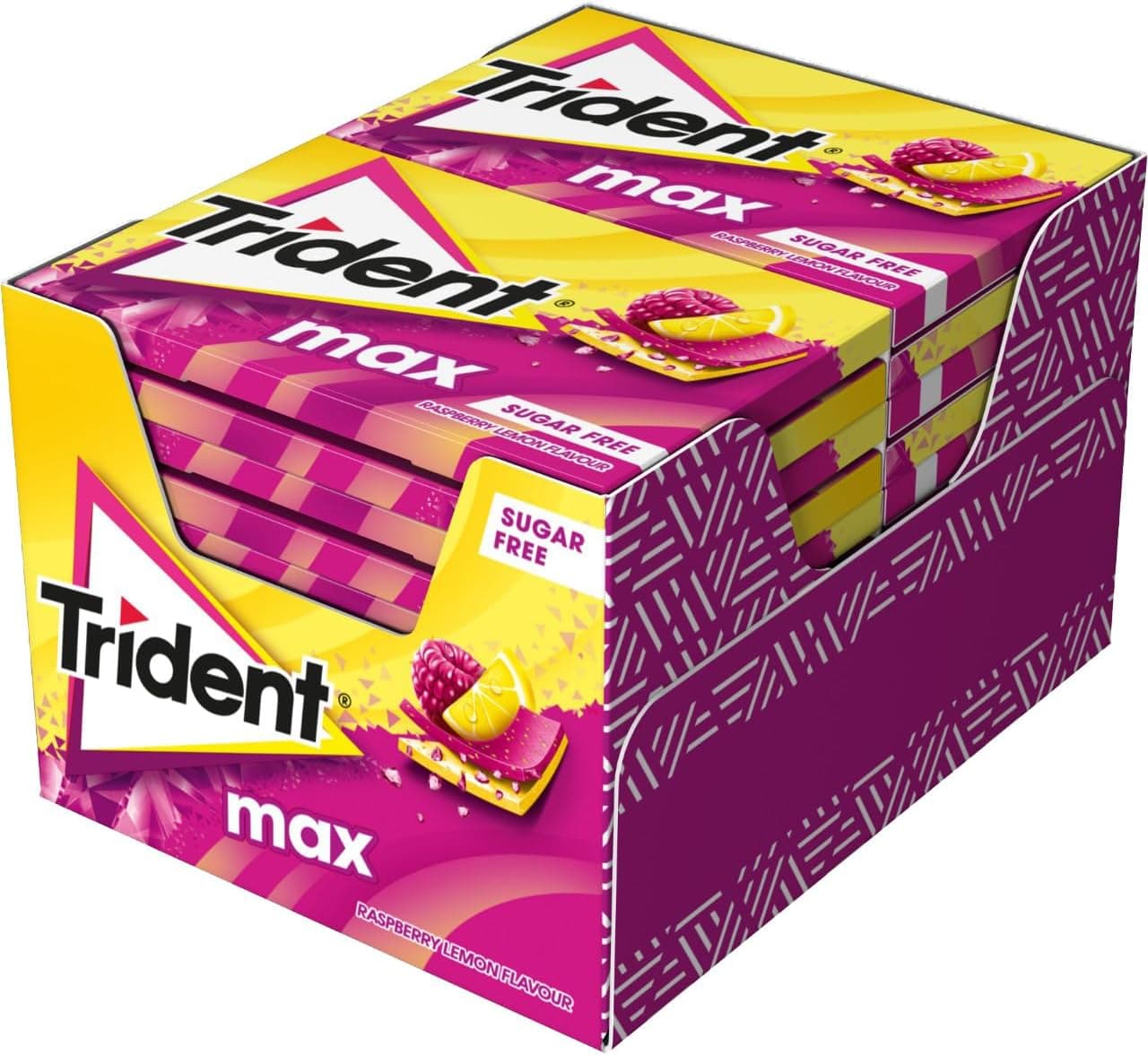 Trident Max Raspberry Lemon- chicletes sem açúcar com sabor de framboesas e limão, embalagem de 12 embalagens de 27 g