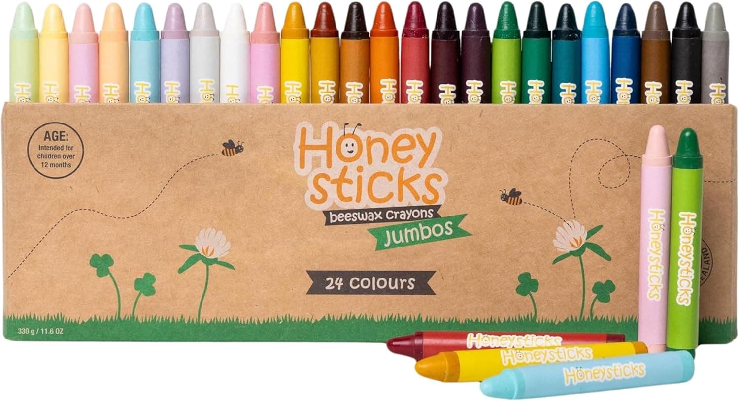 Honeysticks Crayons jumbo (pacote de 24) - Crayons não tóxicos para crianças - 100% cera de abelha pura e cores de qualidade alimentar - 24 cores brilhantes - lápis de cera grandes, fáceis de segurar