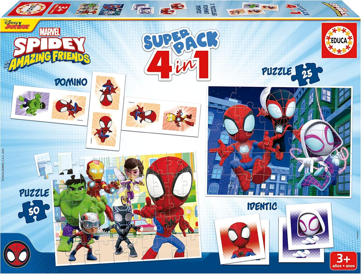Educa - Superpack Spidey & Friends | Jogos de mesa e quebra-cabeças infantis: Dominó, Identic com 28 cartas e 2 quebra-cabeças de 25 e 50 peças. Jogo infantil para 3, 4 e 5 anos (19682)