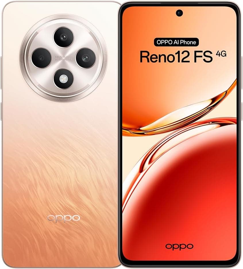 OPPO Reno12FS 4G Smartphone livre com IA, 16 GB (8 GB + 8 GB) 512 GB, ecrã 2,5D AMOLED 6,7", câmara 50 8 + 32 MP, Android, IP64, bateria 5000 mAh, carregamento rápido 45 W - Âmbar laranja