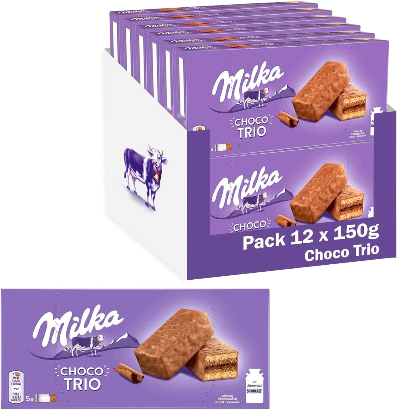 Milka Choco Trio bolo de cacau e coberto com chocolate com leite dos Alpes 150 g, pack de 12