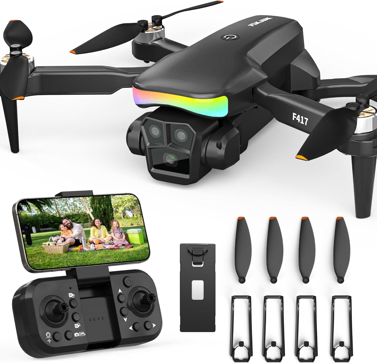 F417 Drones para crianças, 90° Ajust Dron com câmara HD 1080P, 5G Wifi, faixa LED motor sem escovas, FPV câmara dupla, vídeo ao vivo Quadcopter RC dobrável para adultos crianças, One Touch