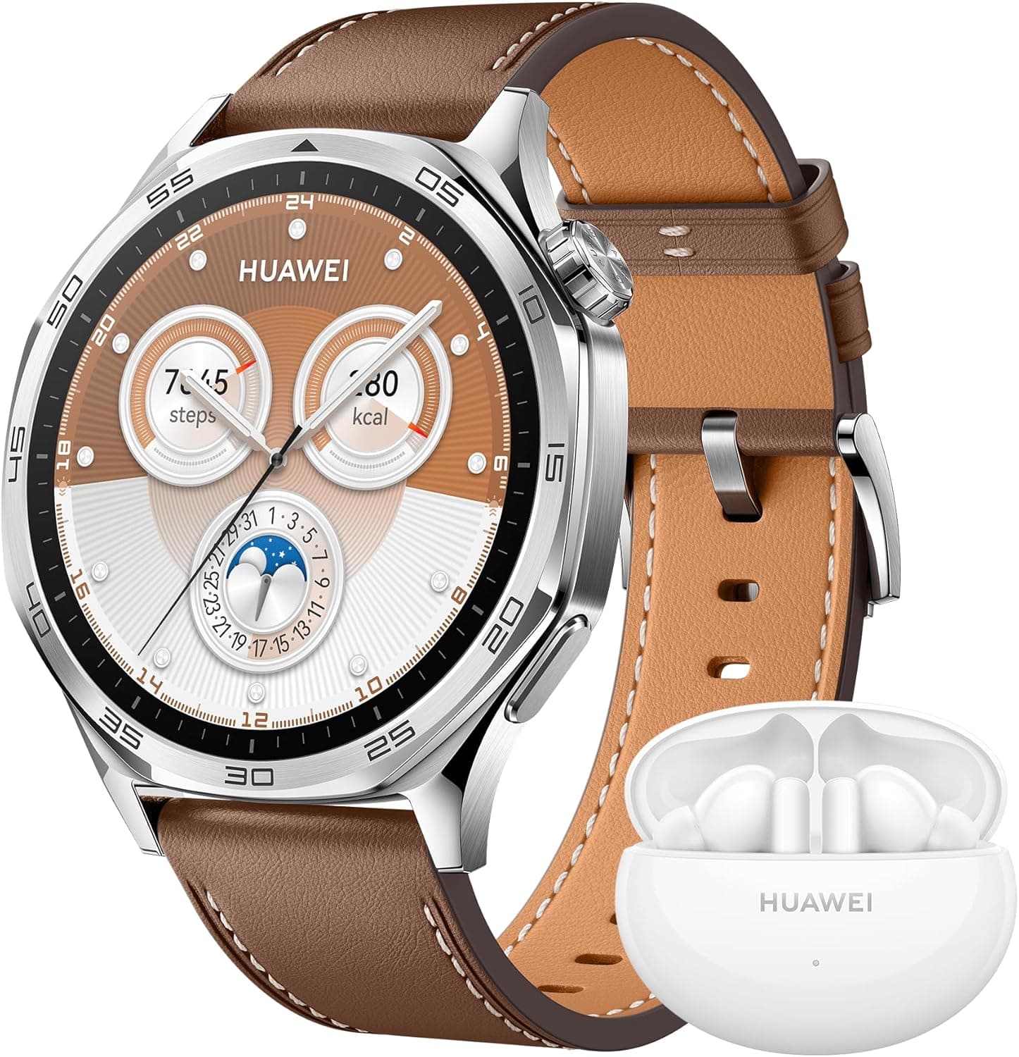 HUAWEI WATCH GT Smartwatch de 5 46 mm, silhueta com design sofisticado, experiência de corrida e ciclismo, acompanhamento de saúde, 14 dias de duração, iOS e Android, castanho FreeBuds 5i branco