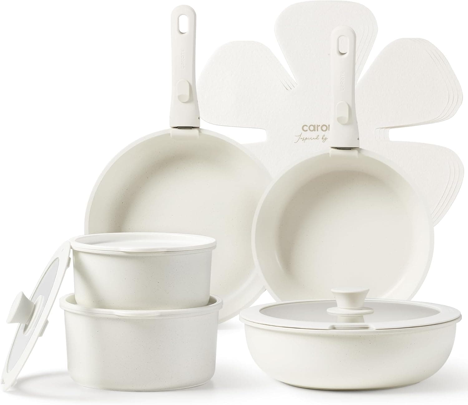 CAROTE Conjunto de cozinha de 15 peças com alças removíveis, frigideiras e panelas anti-aderentes para indução, adequado para forno e máquina de lavar louça, sem PFOA/PTFE, branco