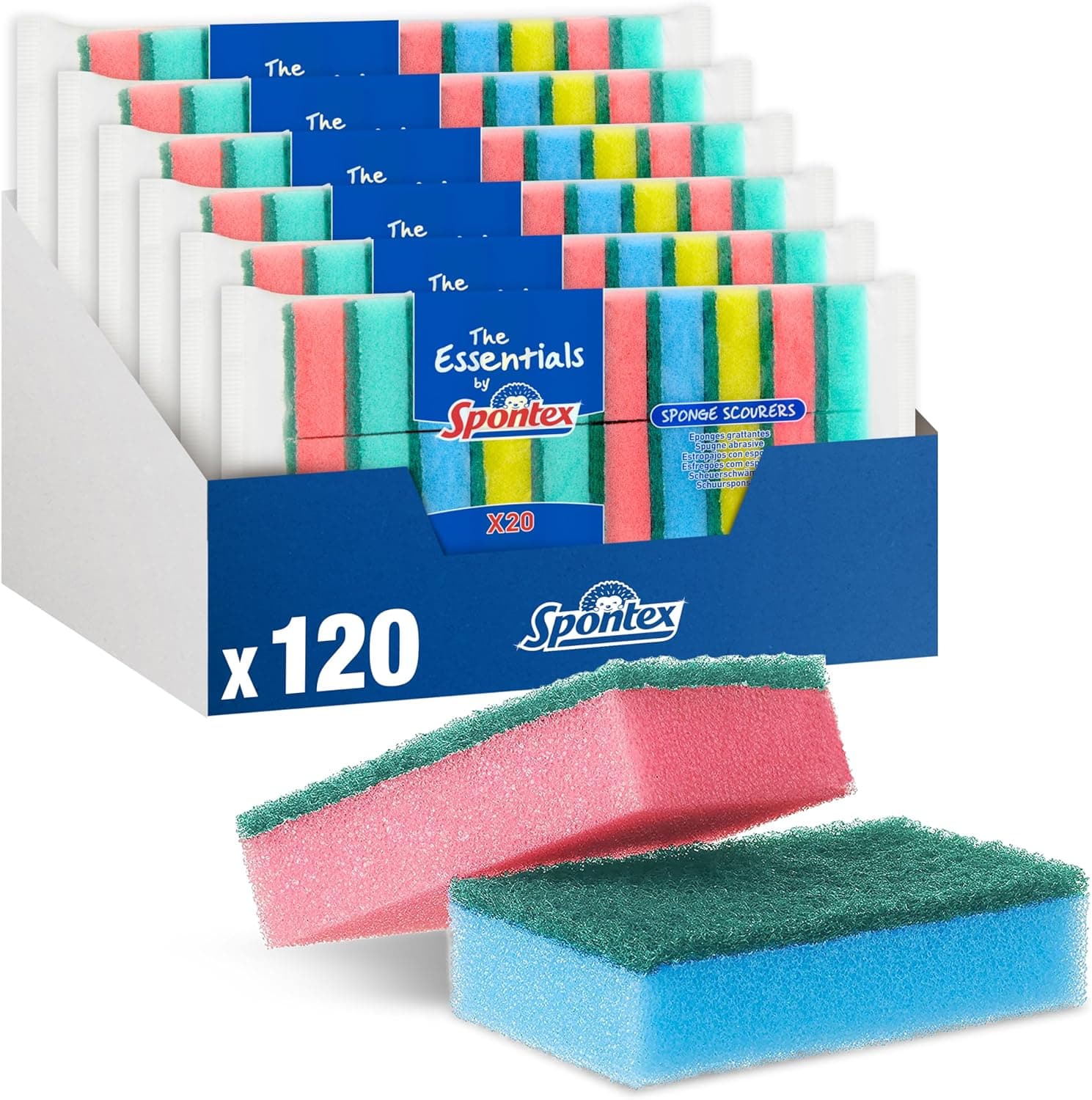 Spontex The Essentials | Esfregões de limpeza resistentes para cozinha em cores sortidas, pack de 120 unidades