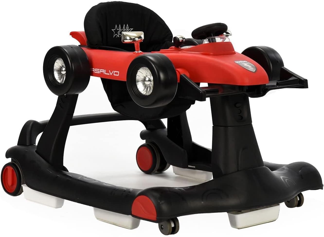 Asalvo Andador F1, 3 em 1, corredores, primeiros passos, bandeja com jogos, luzes e música, 3 alturas, base anti-capotagem, velocidade regulável, vermelho