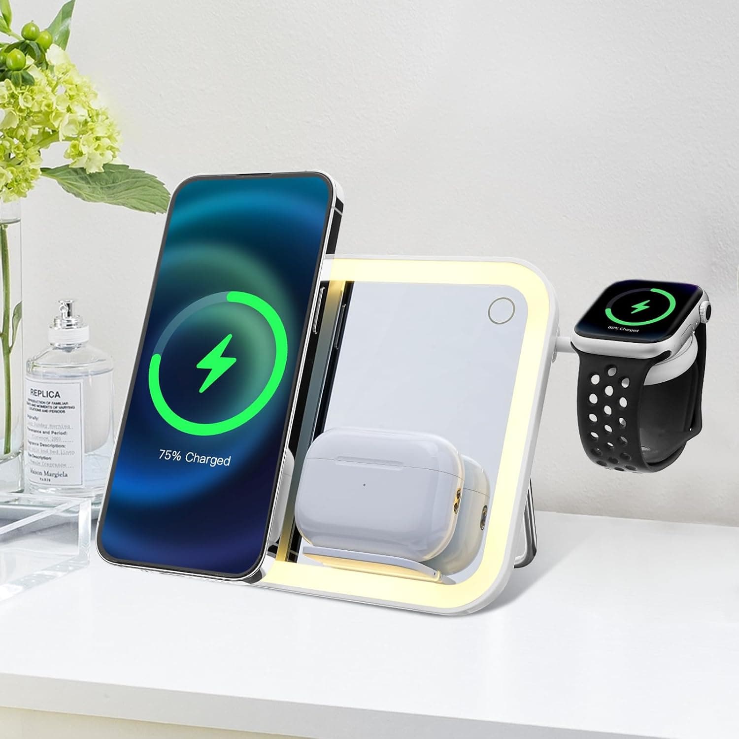 Bestcool Espelho de toucador com luz ajustável e suporte de carregamento sem fios 3 em 1