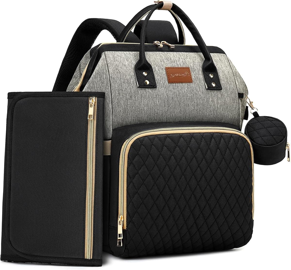ROSEGIN Mochila para fraldas de bebé com trocador de viagem e estojo para chupeta para menina e menino, Preto/cinza