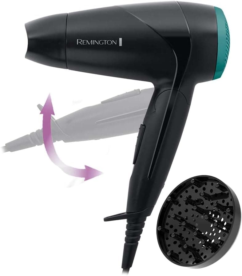 Remington Secador de cabelo compacto pequeno, secador de viagem, dobrável, ótimo ginásio, concentrador, difusor compacto, fluxo de 60 km/h, 2 velocidades, gancho para pendurar - D1500