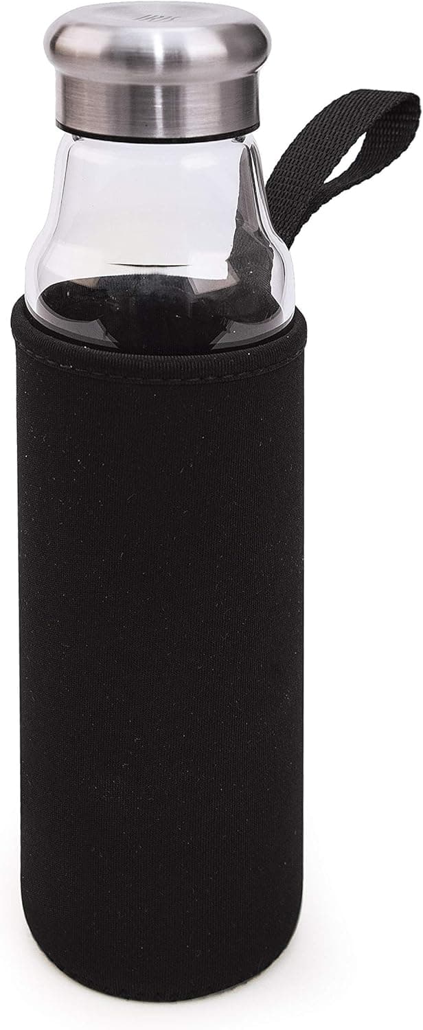 Iris barcelona - Garrafa de vidro com capa de neoprene, garrafa reutilizável com tampa de aço inoxidável e pega, 550 ml preto