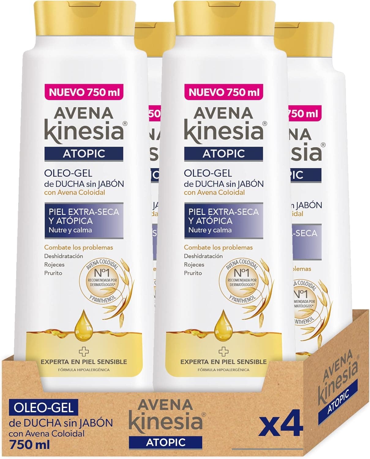 Avena Kinesia - Óleo gel de duche sem sabão para pele extra seca e atópica, fórmula com óleo de aveia 100% natural, conjunto de 4 x 750 ml 