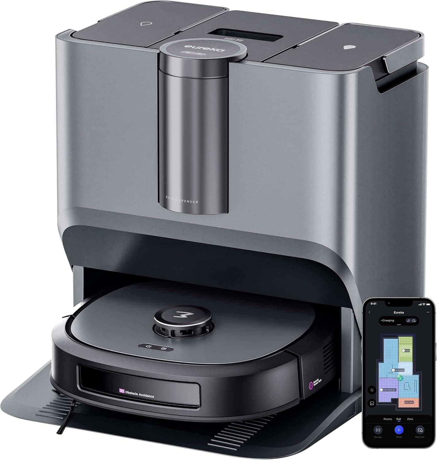 Eureka J20 Robot aspirador e lava-chão, sucção de 8000 Pa, design de roupa com secagem automática, prevenção de obstáculos, deteção de tapetes, estação base auto-limpável, controlo por voz