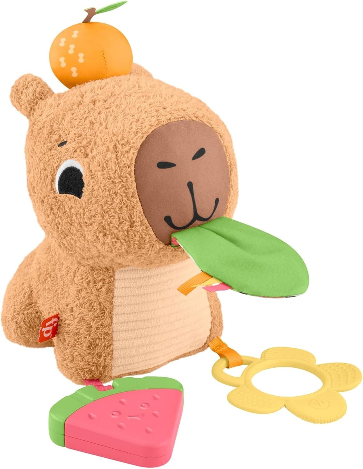 Fisher-Price Capibara Abracitos e brincadeiras brinquedo sensorial de peluche com chocalho e mordedor para bebés recém-nascidos a partir dos 3 meses, HYR54