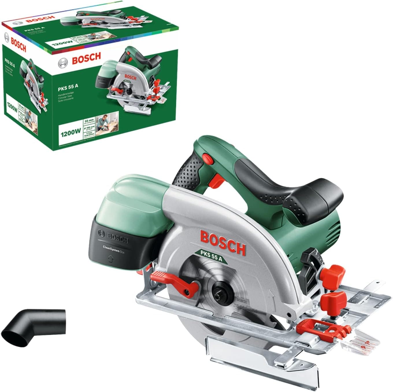 Bosch PKS 55 A - Serra circular (disco de serra, batente paralelo, caixa de cartão, 5600 rpm, 1200 W)