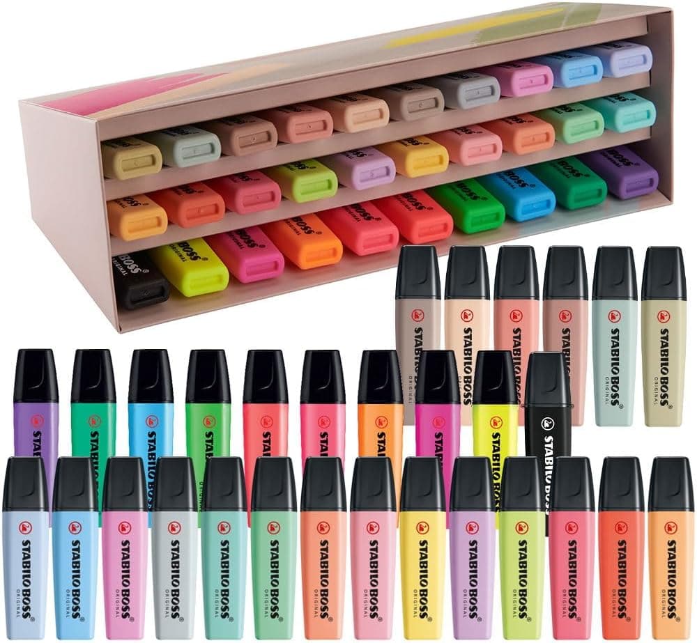 STABILO BOSS Original Conjunto de 30 marcadores, 9 fluorescentes, 14 pastel, 6 em tons naturais e 1 preto, perfeito para marcar, destacar e sublinhar
