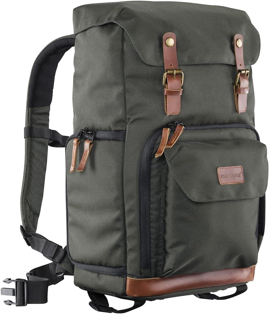 Mantona - Mochila com aplicações de pele (para câmara flex, 3 objetivos e acessórios), cor verde
