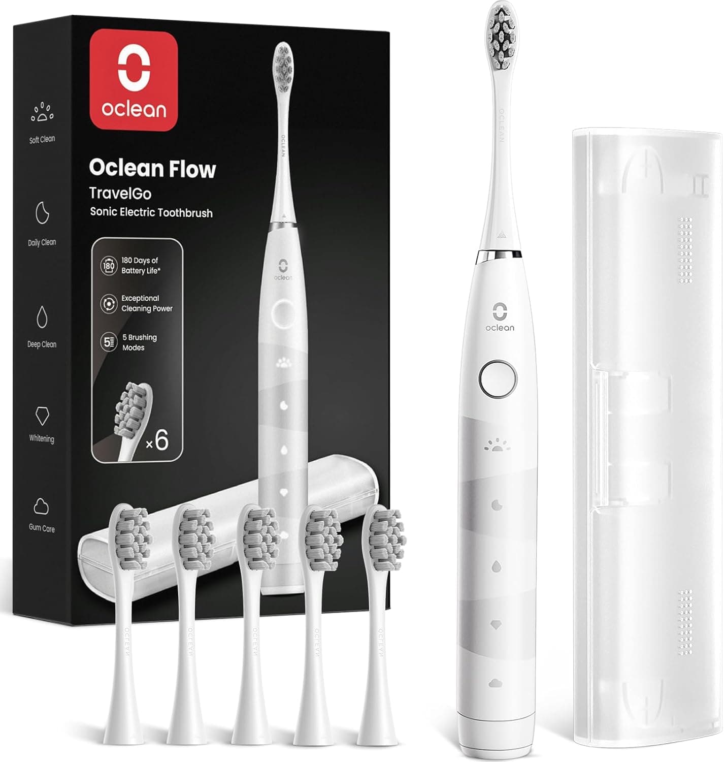 Oclean Escova elétrica sónica Gift Set, recarrega a cada 180 dias, 5 modos, IPX7 impermeável, temporizador de 2 minutos, 6 cabeças de escova DuPont™, estojo de viagem, branco