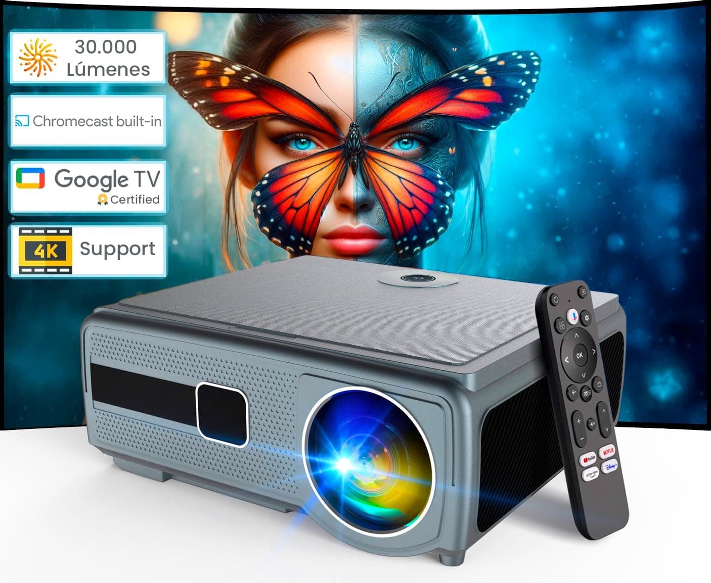 Proyector 4K, Google TV Certificado para Net-Flix, PrimeVideo, You-Tube, MAX, D+, Enfoque motorizado, 30.000 lúmenes, Fullhd Nativo, El más Luminoso en tecnología LCD, Optimizado para Gaming