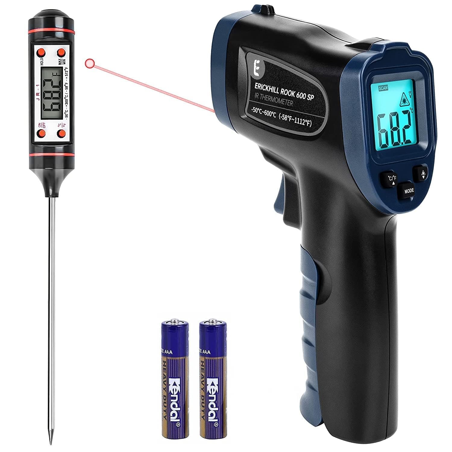 Termómetro infravermelho digital ERICKHILL -50?~600? Pistola de temperatura a laser sem contacto ecrã LCD retroiluminado Emissividade ajustável - para reparação/cozedura de veículos