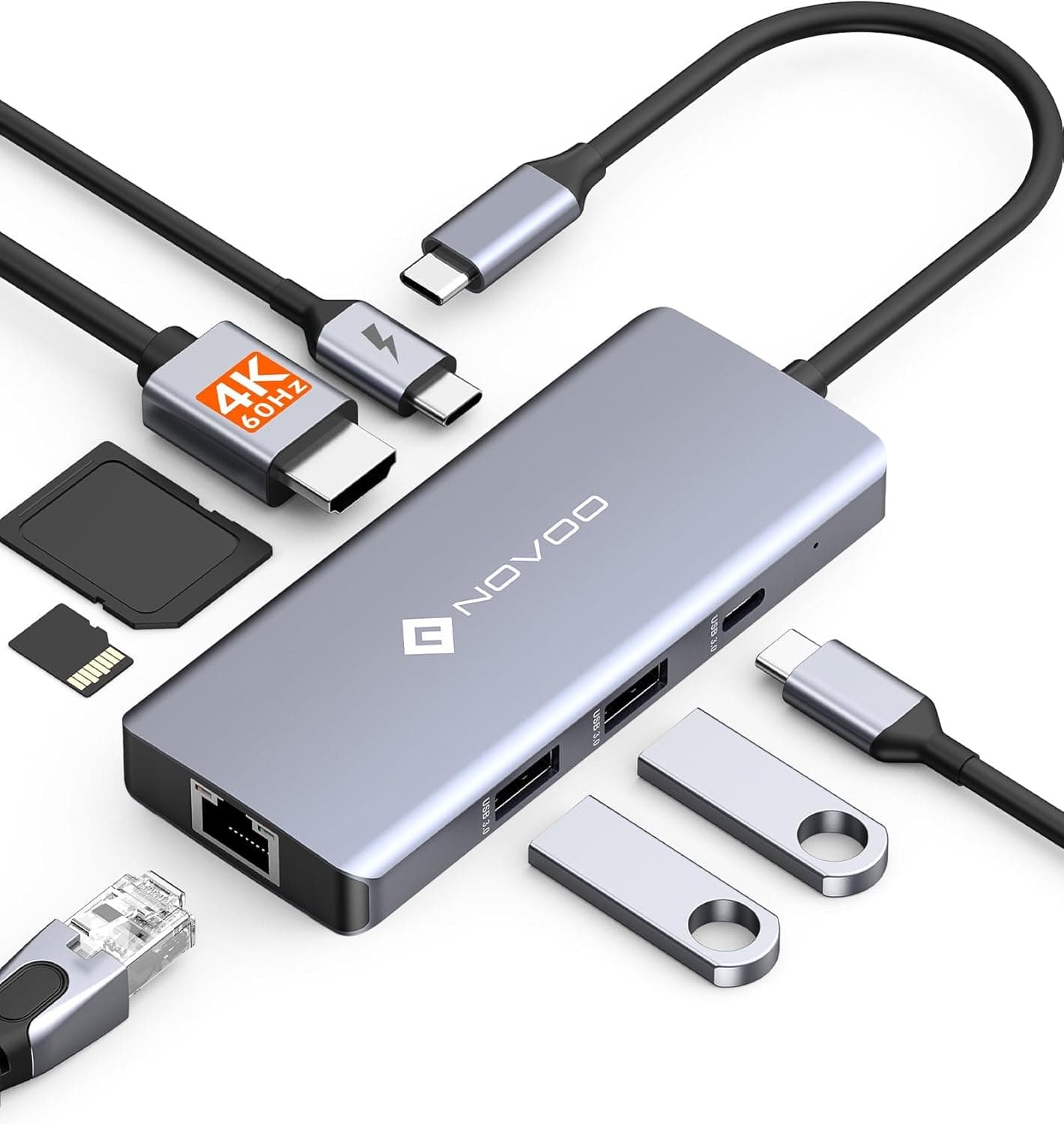 NOVOO USB C Hub 4K@60Hz HDMI Gigabit Ethernet 8 em 1 adaptador USB C multiporta com PD 100 W, 2 USB-A, 1 porta de dados USB-C, SD e TF Docking Station para iPhone 15, MacBook Air/Pro, DELL, XPS 15, HP