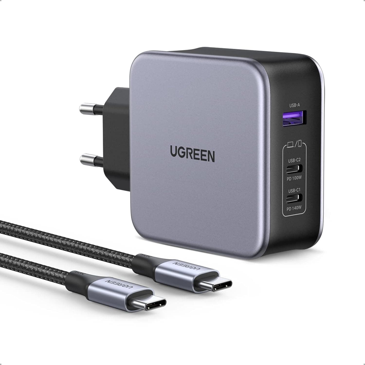 UGREEN Nexode 140 W Carregador USB C rápido GAN com PD 3.1, carregador de 3 portas com cabo USB C 1,5 m