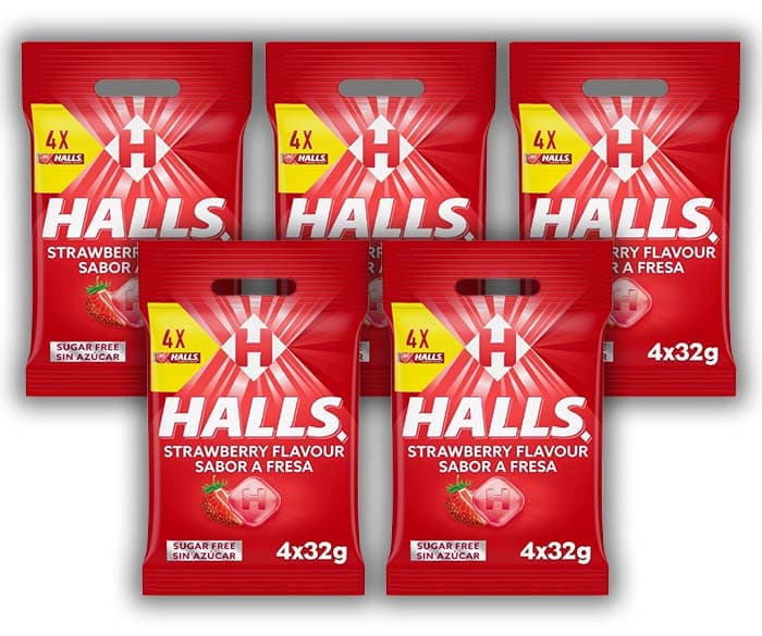 Halls doces duros, Vita C, sem açúcar 4 x 32 g, morango, 128 g x 5
