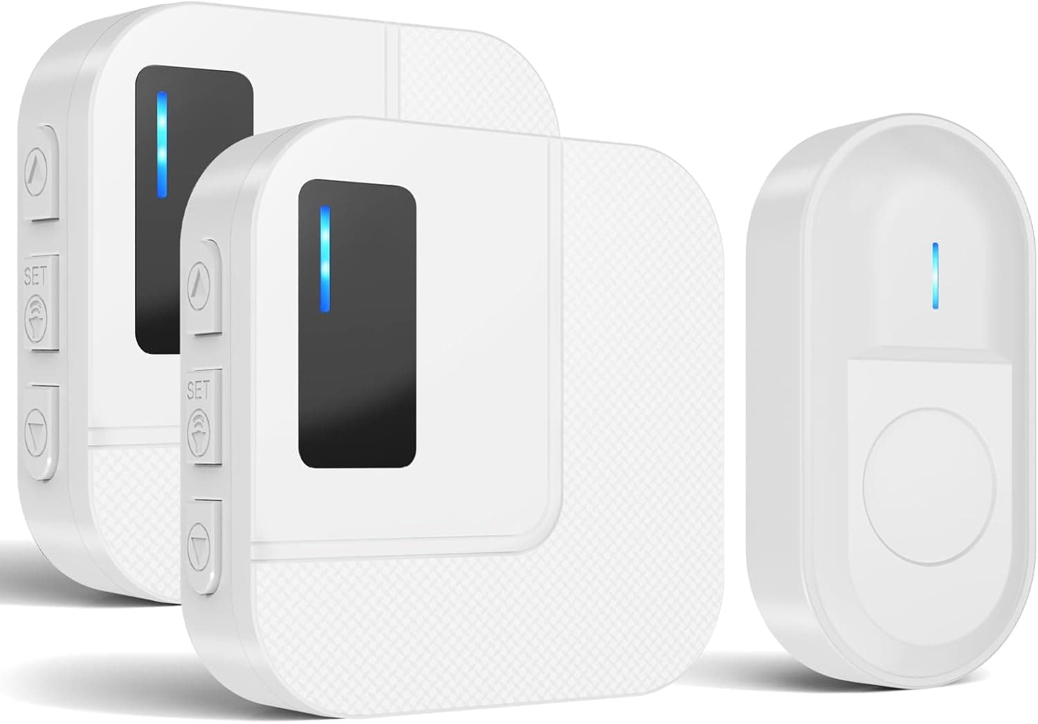 Campainha sem fios exterior impermeável com 2 recetores e alcance de 300 m, impermeável, 55 melodias ajustáveis, 5 níveis de volume, indicador LED