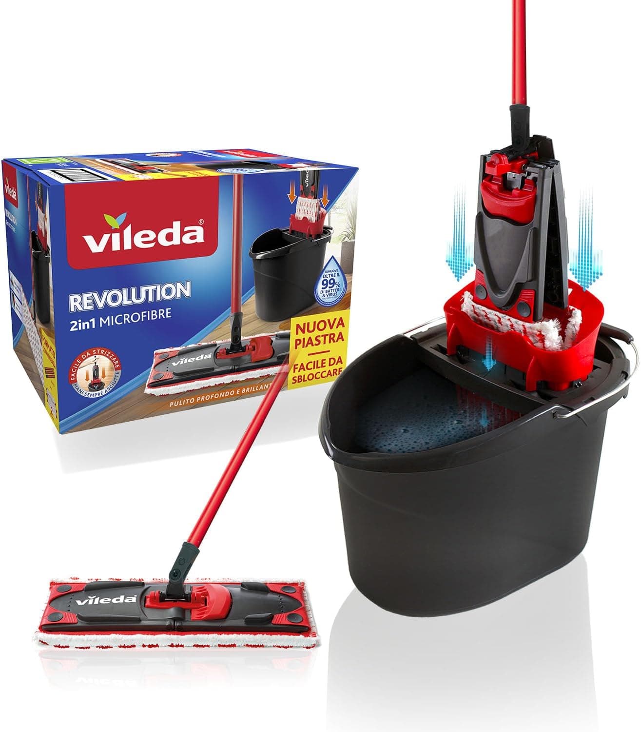 Vileda 158575 Sistema de limpeza para todos os tipos de pisos com balde, escorredor e suporte, inclui um pano de microfibra, cor preto/vermelho