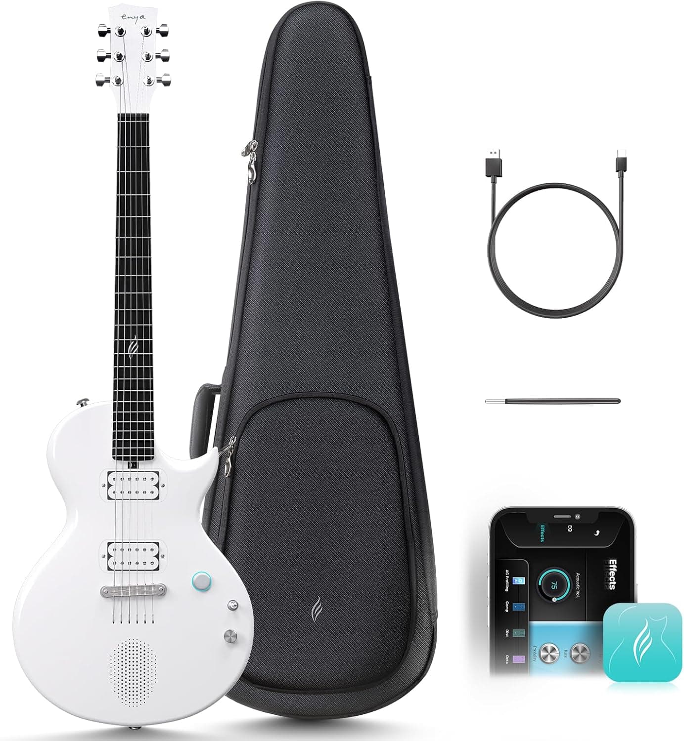 Guitarra elétrica Enya Nova-Go Sonic - guitarra inteligente de fibra de carbono branca com altifalante sem fios de 10 W, predefinições integradas, cabo de carregamento