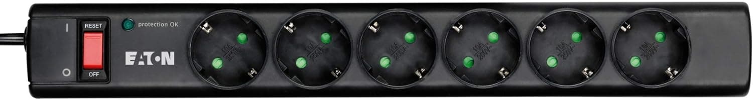 Eaton Multi tomada/para-raios - Eaton Protection Strip 6 DIN - PS6D - 6 tomadas Schuko - preto