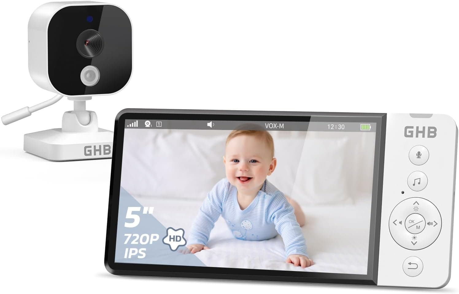 GHB Câmara de vigilância para bebé 5" 720 P HD 5000 mAh monitor para bebés com câmara com ecrã IPS, visão noturna, comunicação bidireciona ouvir bebés