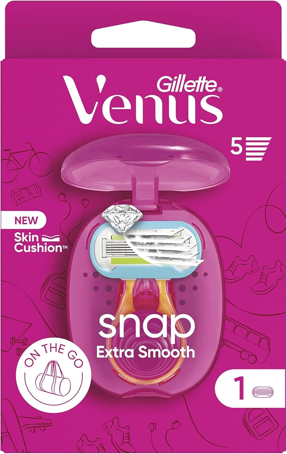 Venus Gillette Extra Smooth Snap máquina de barbear, 1 pega pequena, 1 peça de reposição de folha, 5 lâminas, barbear muito perto