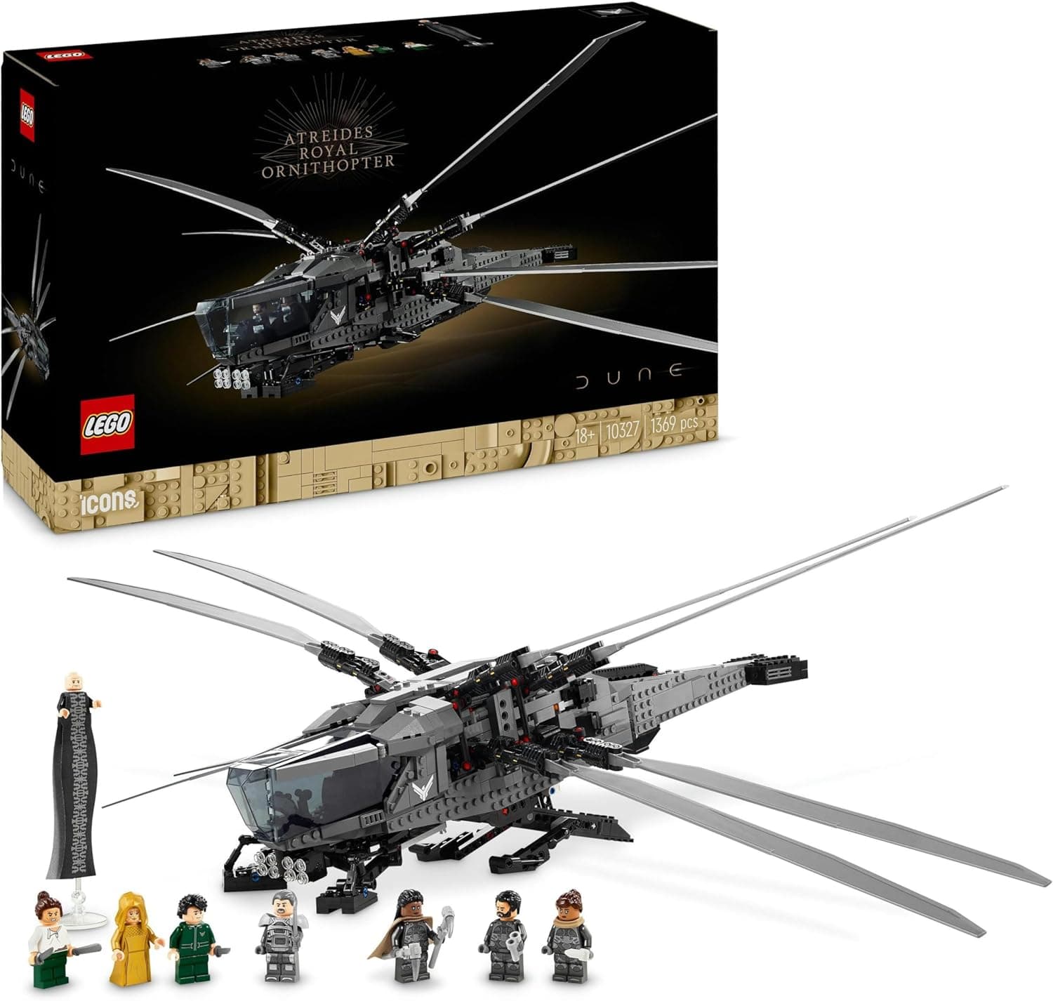 Lego 10327 Icons Dune: Atreides Royal Ornithopter, casaco para adultos, artigo de colecionador, presente para cinéfilos a partir de 18 anos, 8 minifiguras: Paul Atreides, Chani, Barão Harkonnen
