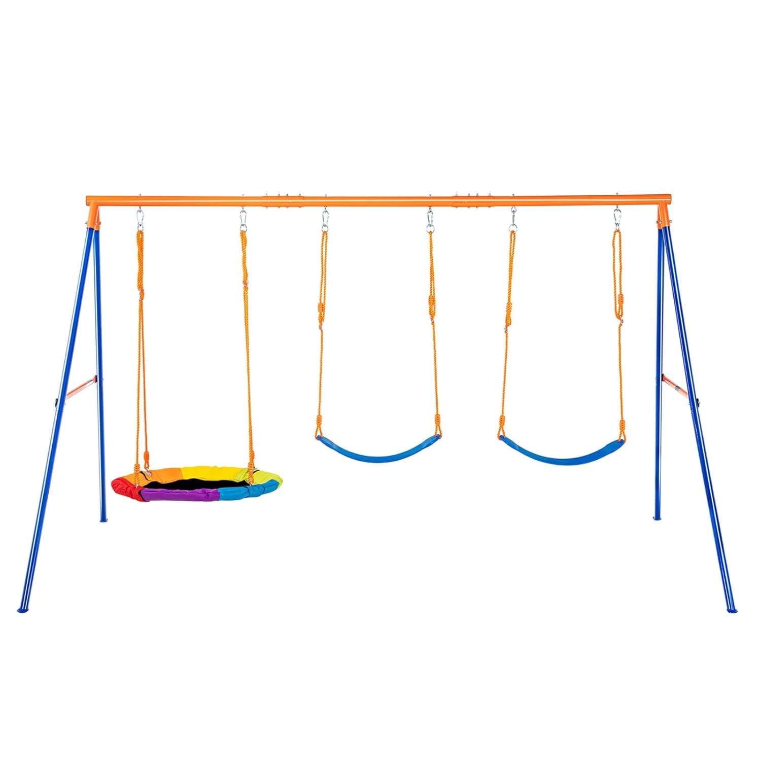 VEVOR Conjunto de balanços de pátio, carga de 272 kg, com 1 assento de prato, 2 assentos com cinto, suporte de metal com moldura em A resistente e corda ajustável, baloiço ao ar livre para crianças