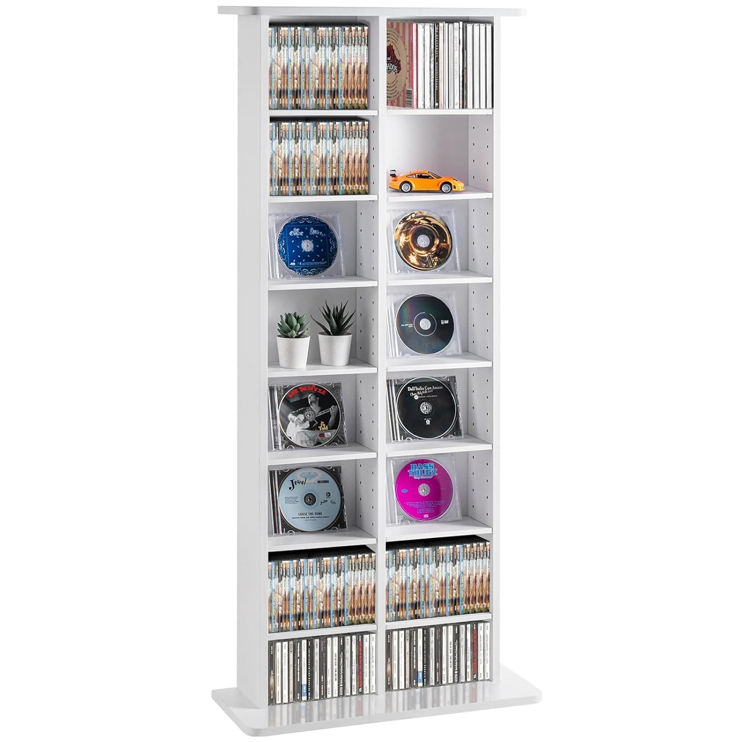 VEVOR Armário de armazenamento multimédia móvel para DVD de 8 camadas capacidade para 464 CD 16 compartimentos prateleiras ajustáveis de CD para coleções de música, filmes, videojogos, branco