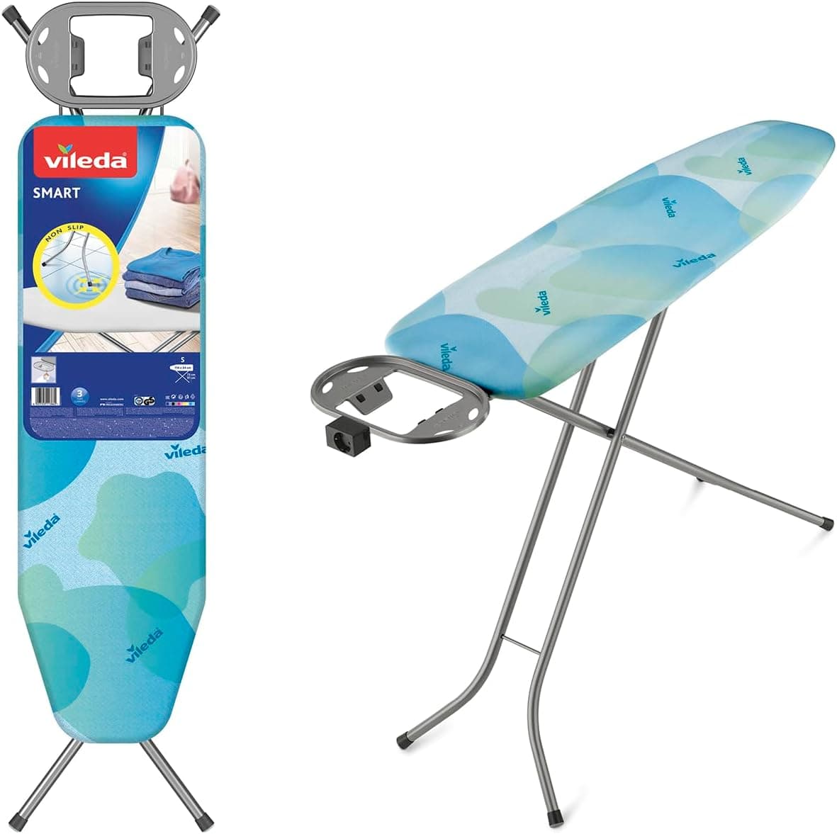 Vileda Smart - tábua de passar com pernas antiderrapantes, ideal para espaços reduzidos, lava azul, altura ajustável até 91 cm. Dimensões: 114 x 34 cm