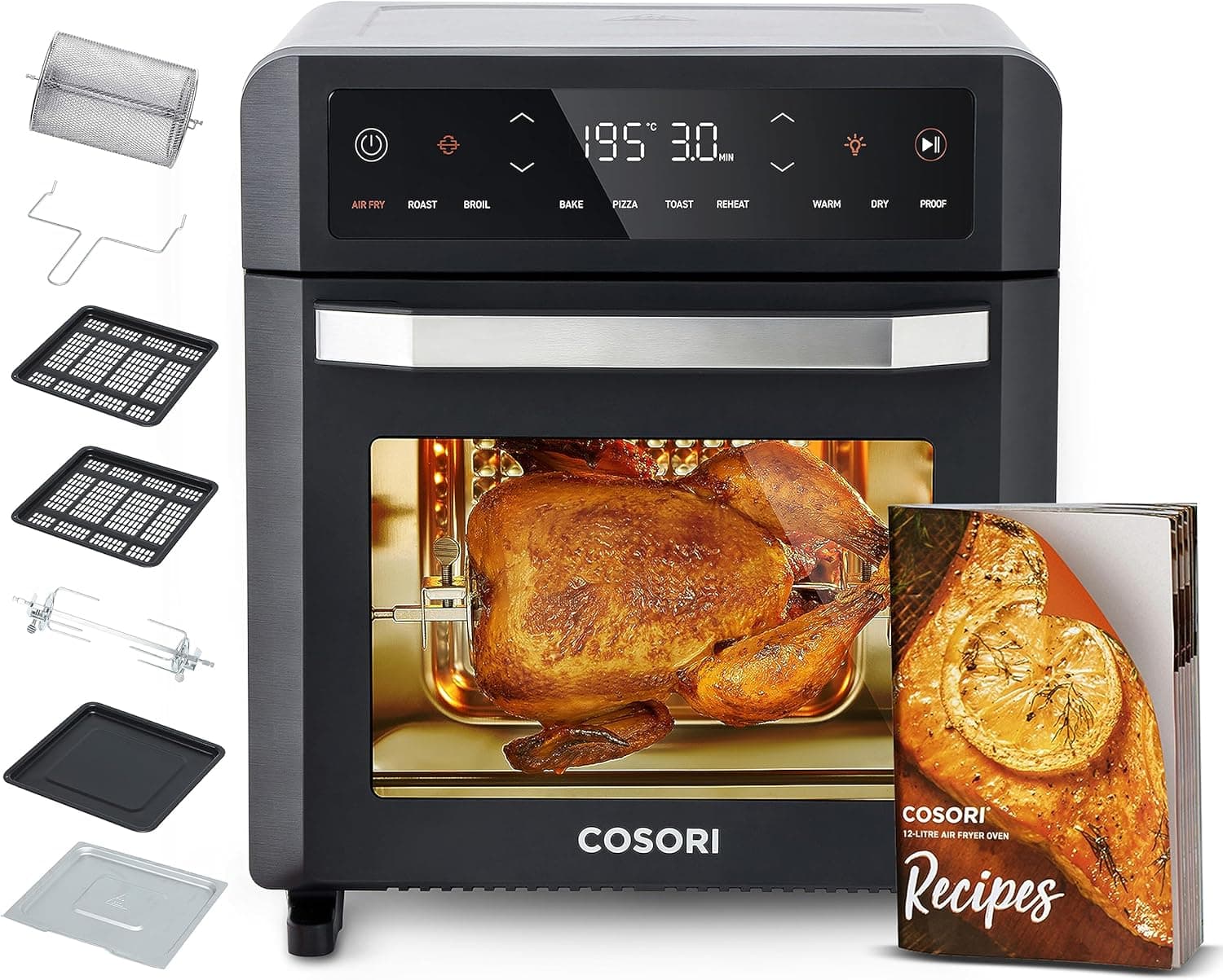 COSORI Fritadeira de ar 12 litros, 11 multifunções, fritadeira de ar com dupla resistência 30 - 220 °C, 7 acessórios, 50 receitas, janela, fritadeira sem óleo e forno de sobremesa, ecrã tátil LED