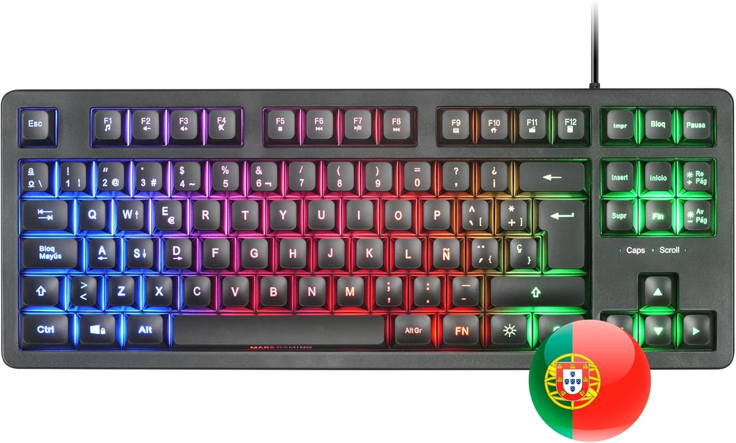 Mars Gaming MK023, teclado Gaming TKL, tecnologia híbrida H-Mech, iluminação FRGB Rainbow, anti-fantasmas, compatibilidade universal, preto, idioma português