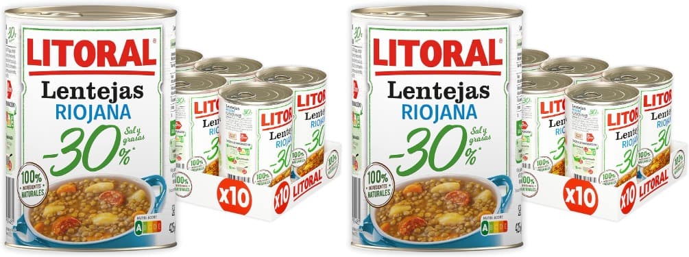 Litoral Lentilhas Riojana - 30% sal e gordura - prato preparado sem glúten - pacote de 10 x 425 g - Total: 4,25 kg